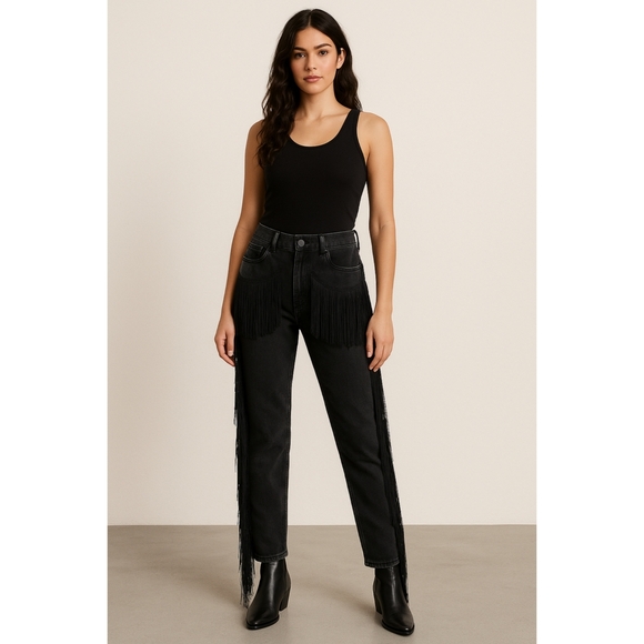 NWT Blue B Fringe Womens High Rise Straight Leg Black Denim Jeans Pants Size L - Picture 3 of 14